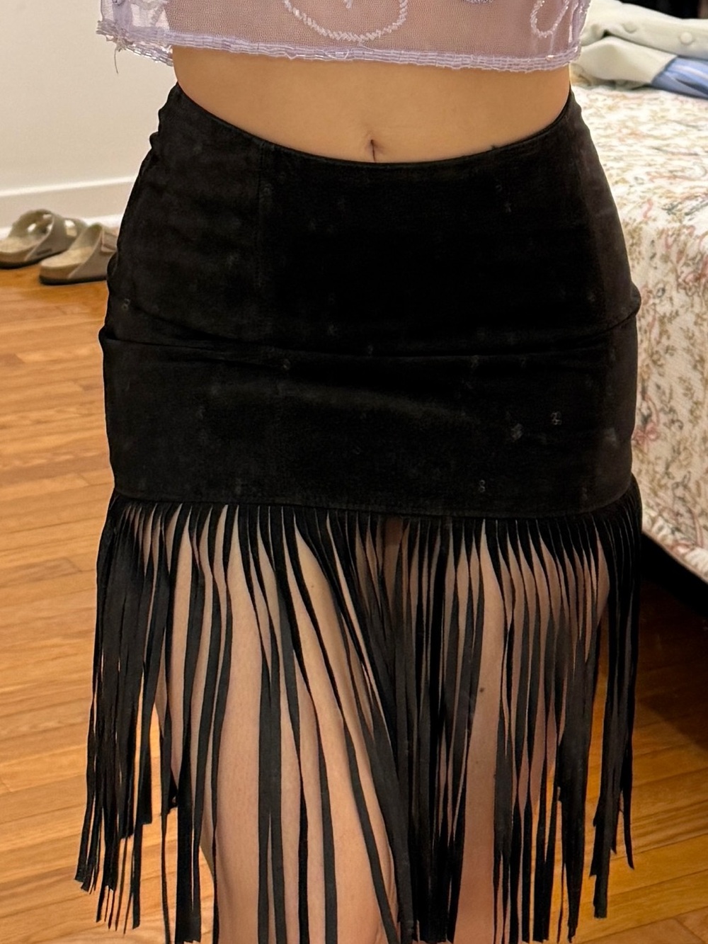 H&M Real Suede Black Fringe Mini Skirt